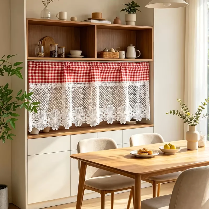 1pc Red Gingham Rod Pocket Cafe Curtain, Floral Lace Sheer Short Window Curtain for Kitchen Cabinet Home Decor