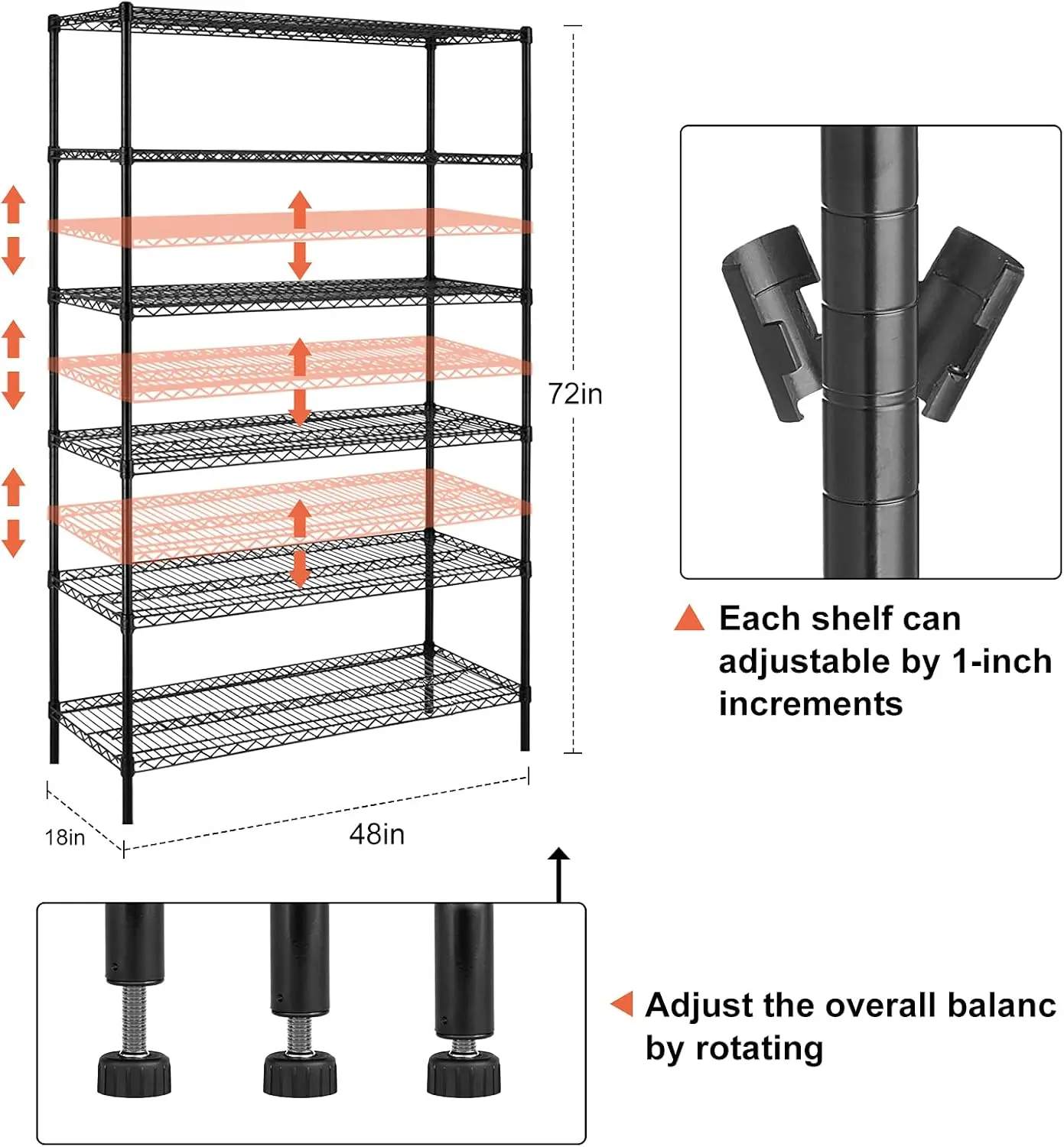 6000Lbs Capacity Heavy Duty Storage Shelves Commercial Wire Shelving Unit and Storage , 76 H x 48 L x 18 D - Black