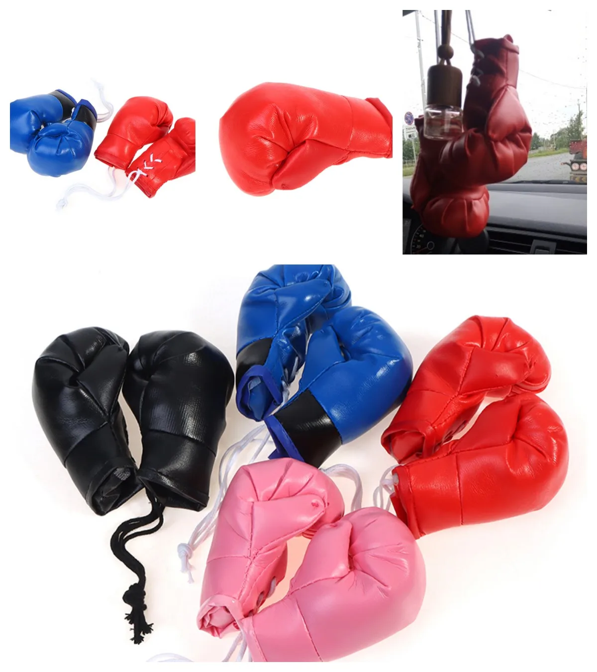 Interior DIY Car Boxing Gloves Hanging Mirror Leather Pendant in Car 1 Pair