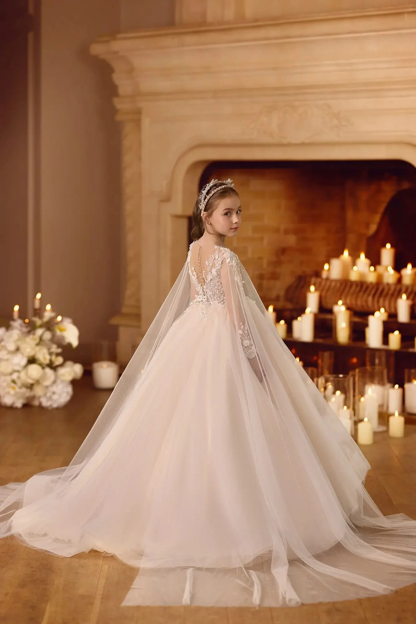 فساتين فتاة الزهور البيج لحفلات الزفاف بأكمام طويلة من الدانتيل مطرز بالخرز، فستان حفلات أعياد الميلاد، فستان التواصل الأول #3