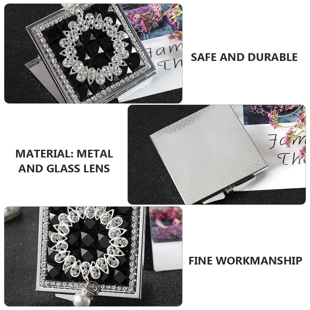 

1Pcs Portable Makeup Mirror Compact Square Metal Mirror with Pearl Pendant High-Definition Dual Sides Foldable Design