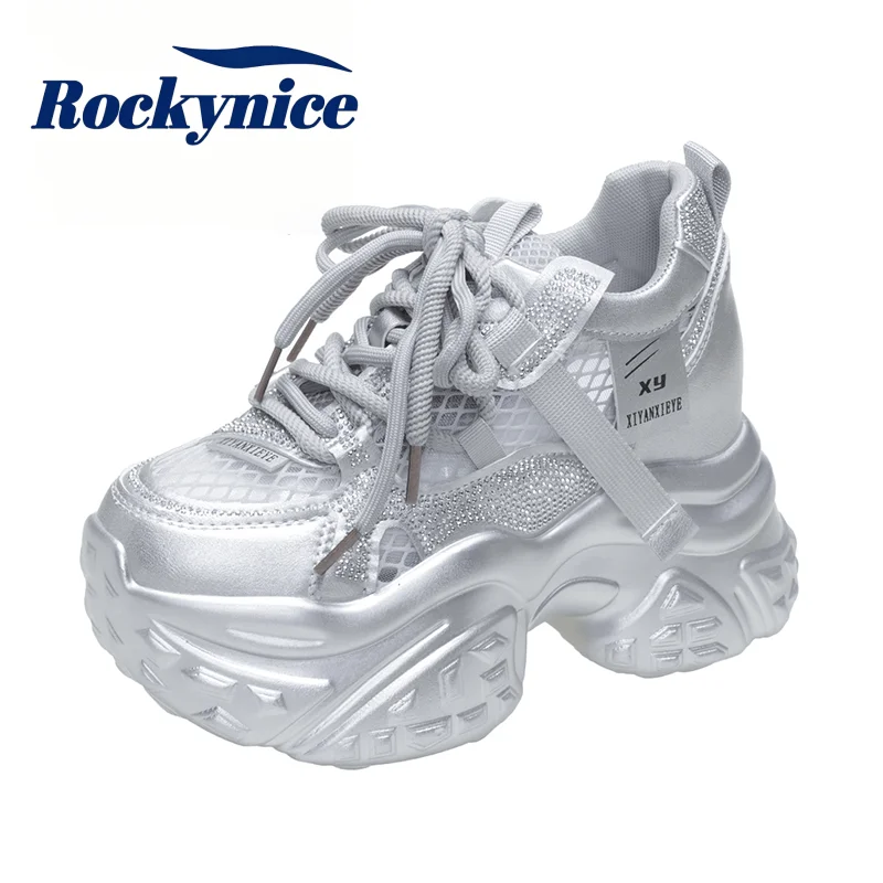 10CM New Bling Chunky Sneakers Autumn Casual Vulcanized Shoes 2026 High Platform Breathable Mesh Sneakers Female Dad Shoes Woman