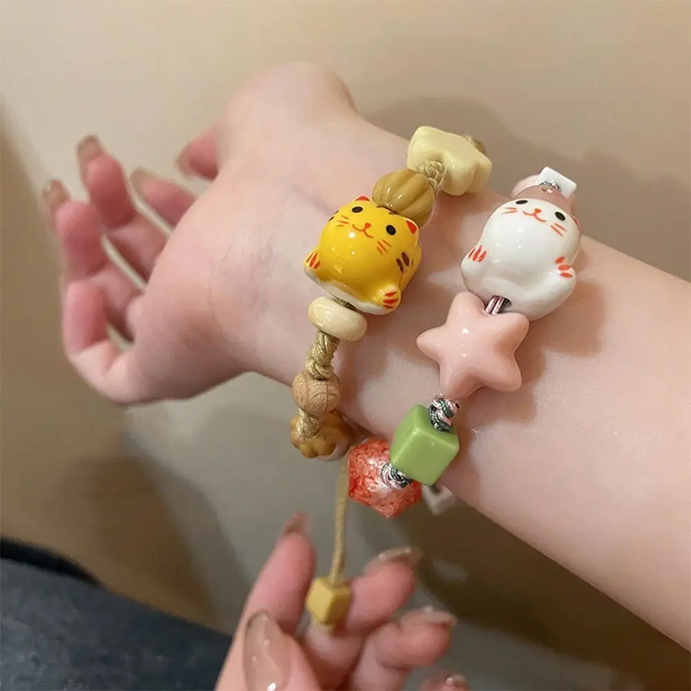 Handmade Ceramic Cat Bracelet Lucky Cat Liuli Bead Maneki Neko Bracelet Korean Style Jewelry Accessories Cat Bead Bracelet Gift