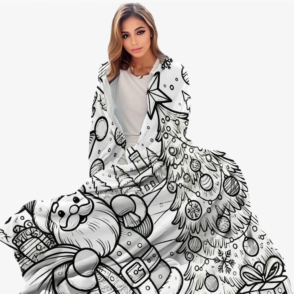 Christmas Santa DIY Coloring Printed Flannel Blanket Warm Soft Cozy Throw Blanket Couch Bed Living Room Decor