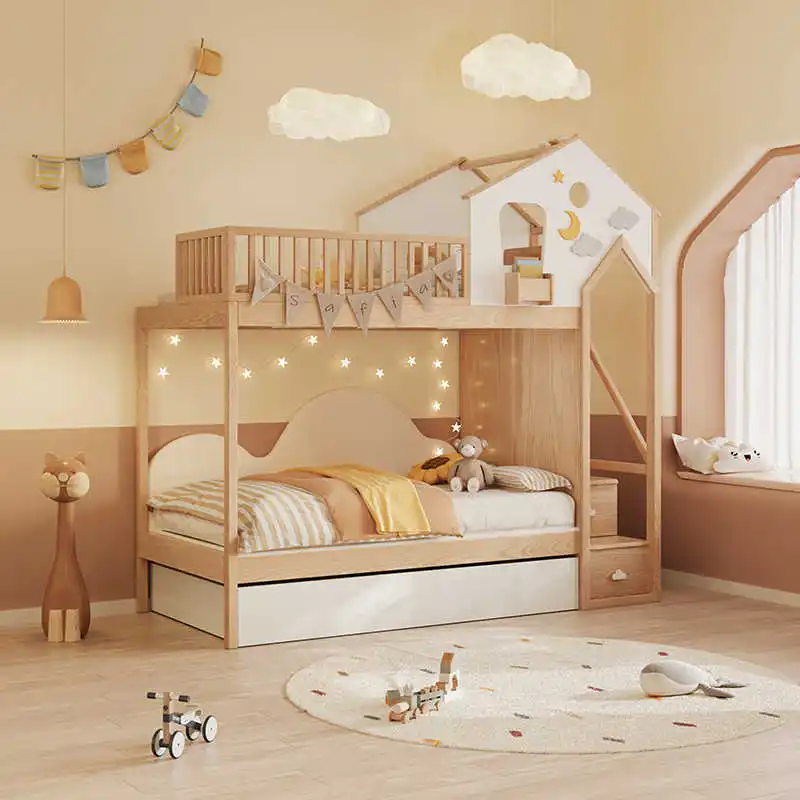 Massief houten kinderbed, boomhutbed, verhoogd bed met glijbaan, stapelbed voor moeder en kind, stapelbed met hoge reling