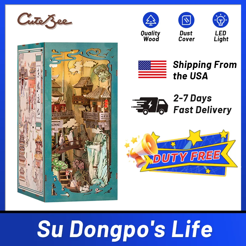 Original CUTEBEE Book Nook Kit DIY Doll House with LED Light Bookshelf Insert Su Dongpo's Life Collection For Birthday Gifts