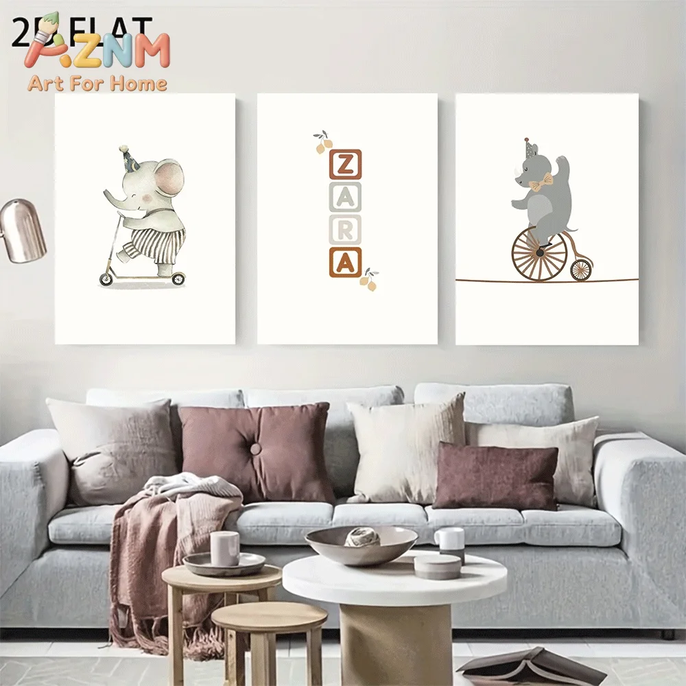 AZNM Watercolor Custom Name Elephant Rhino Circus Canvas Wall Art, Cute Animal Scooter Bicycle Neutral Soft Tone Print Painting