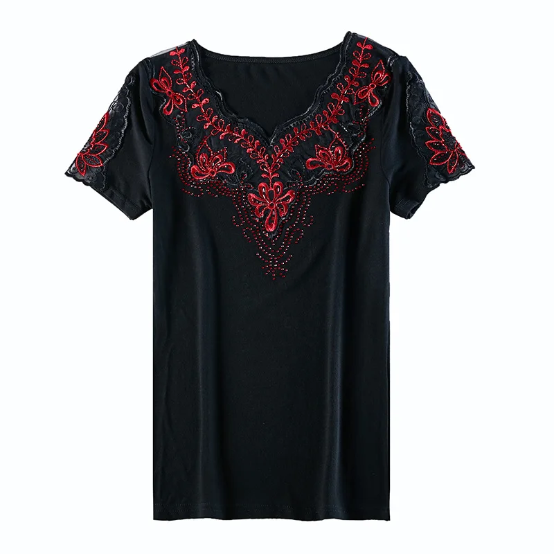 SALE Summer Short Sleeved Hollow Out Women Lace Tops Elastic embroidered short sleeved cotton t-shirt