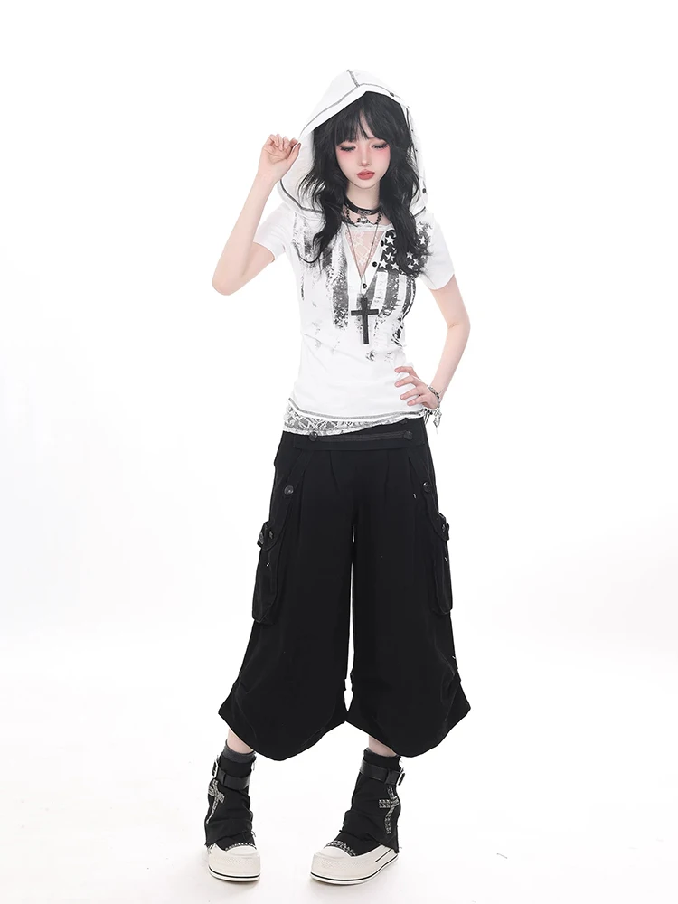 REDDACHiC Grunge Black Cargo Jeans Jorts Women Emo Button Decor Elastic Waist Pleat Denim Bermuda Pants Punk Alternative Clothes view 5