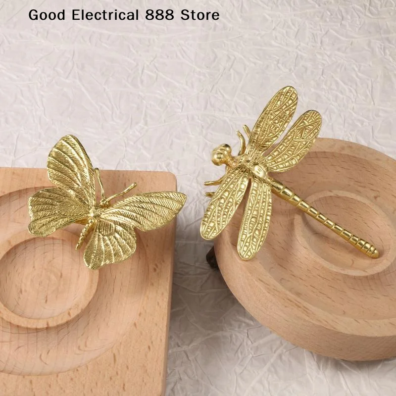 【G】Retro Butterfly/Dragonfly Brass Handle Furniture Hardware Vintage Cabinet Door Knobs Single Hole Gold Wardrobe Drawer Pulls