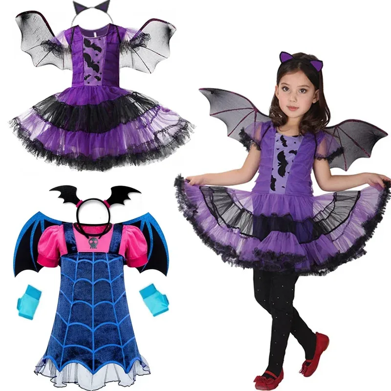 

Vampire Girls costume kids Halloween clothes animal cosplay dress with wing outfit witch rode play clothes