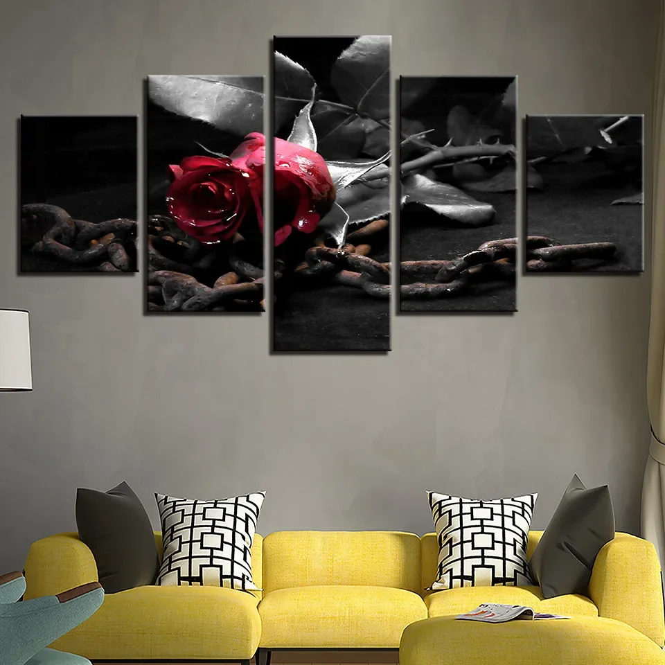 Deep Realm Art Mural, Five couplets, Ultra clear Room Decoration Painting, Flowers, Roses, Bedhead Hanging Painting