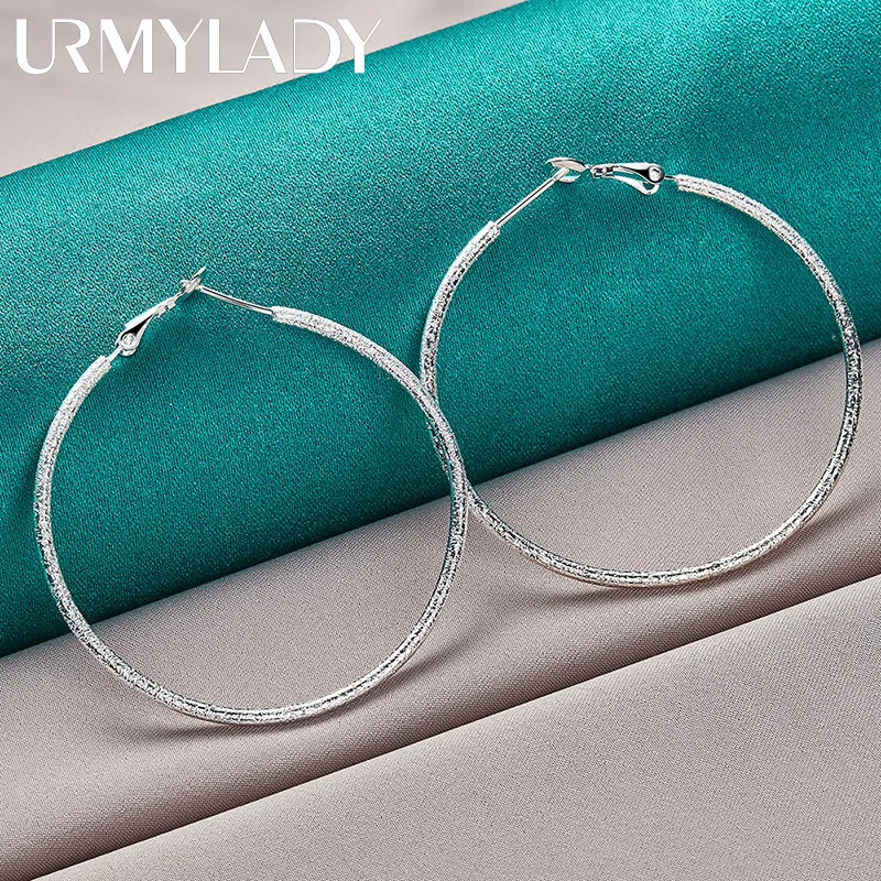 

URMYLADY 925 Sterling Silver 50mm Matte Circle Earrings For Women Wedding Fashion Charm Jewelry