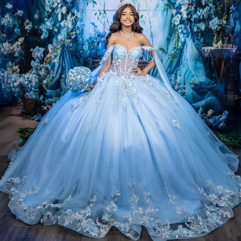 

Customized sky blue Quinceanera Dresses Off the Shoulder sequins crystal applique 3D flower Tull Long tail Vestido 15 Quinceaner