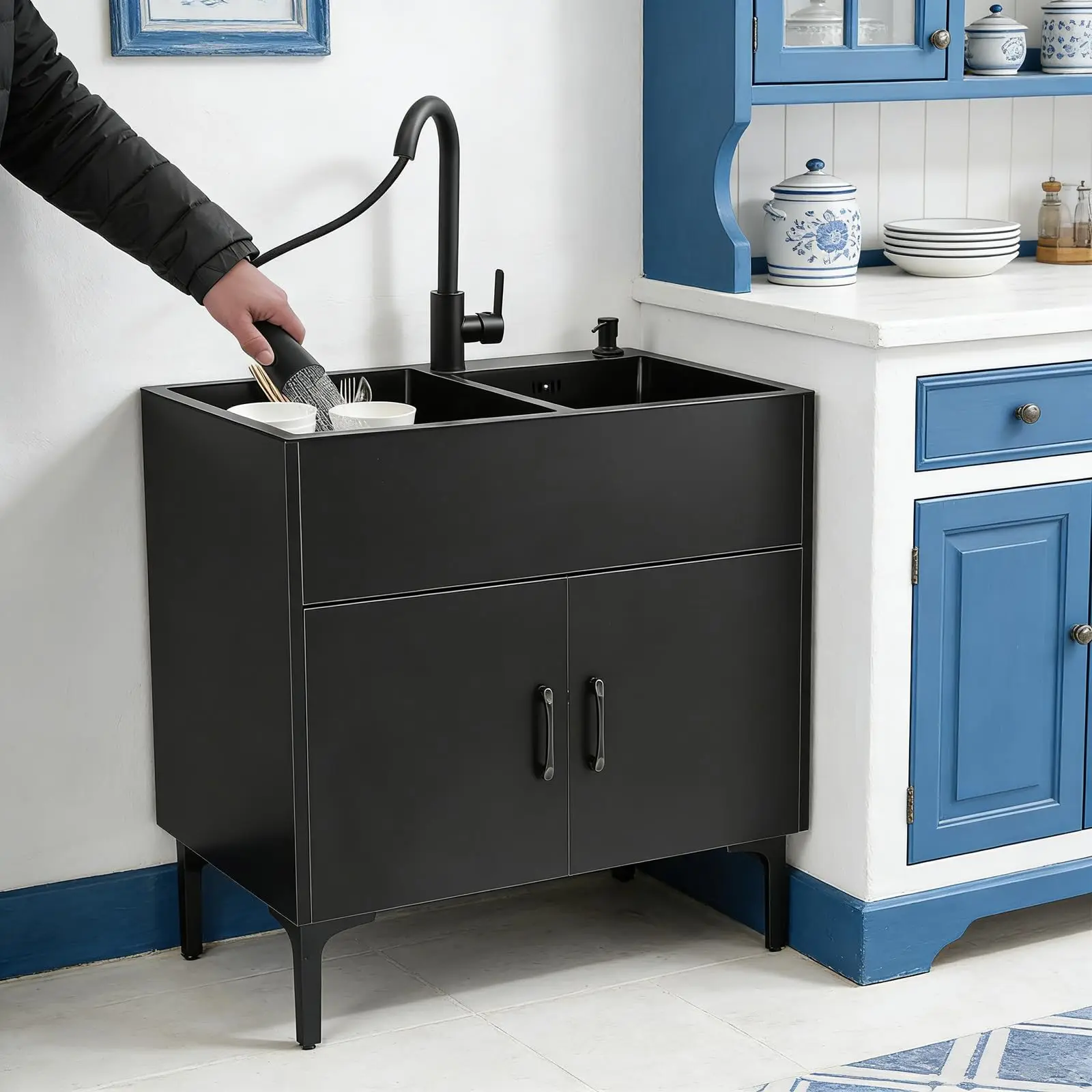 Double Basin Kitchen Sink with Cabinet, 29.53‘’ x 16.14