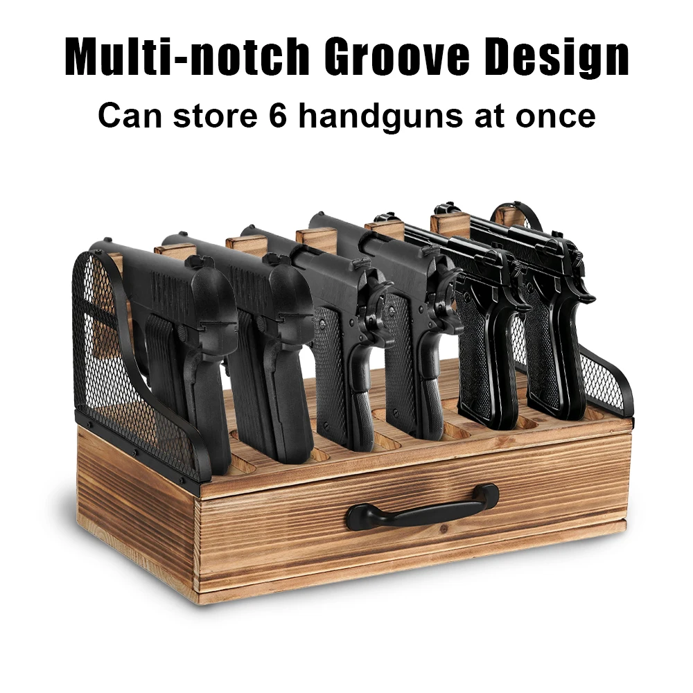 6 Slots Wooden Pistol Rack Handgun Display Stand Holder with 4-Compartments Drawer Magazine Bullet Storage Holder Rack