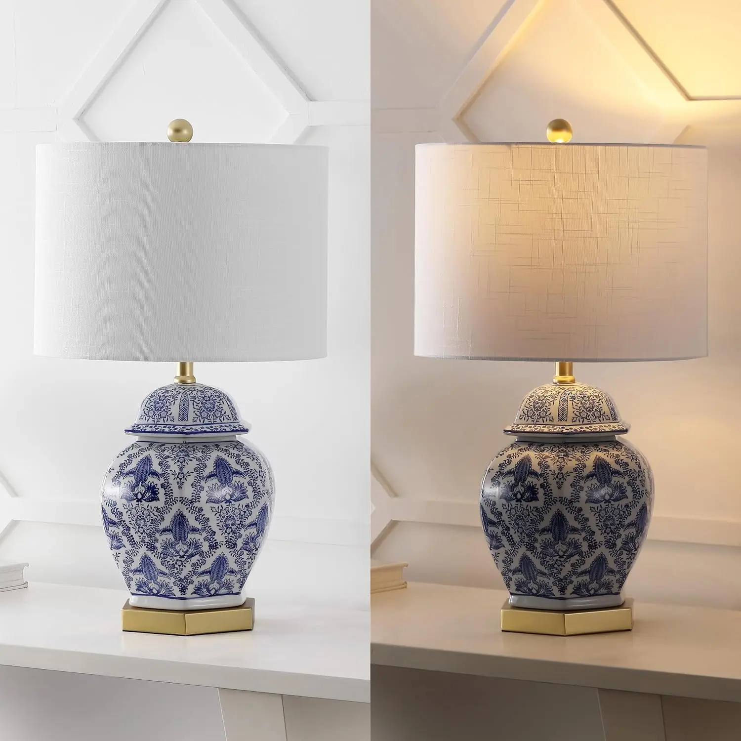 25インチ ブルー/ホワイト ジンジャー ジャー LED テーブルランプ 真鍮ベース付き、クラシックなデザイン、寝室、リビングルーム、オフィス用