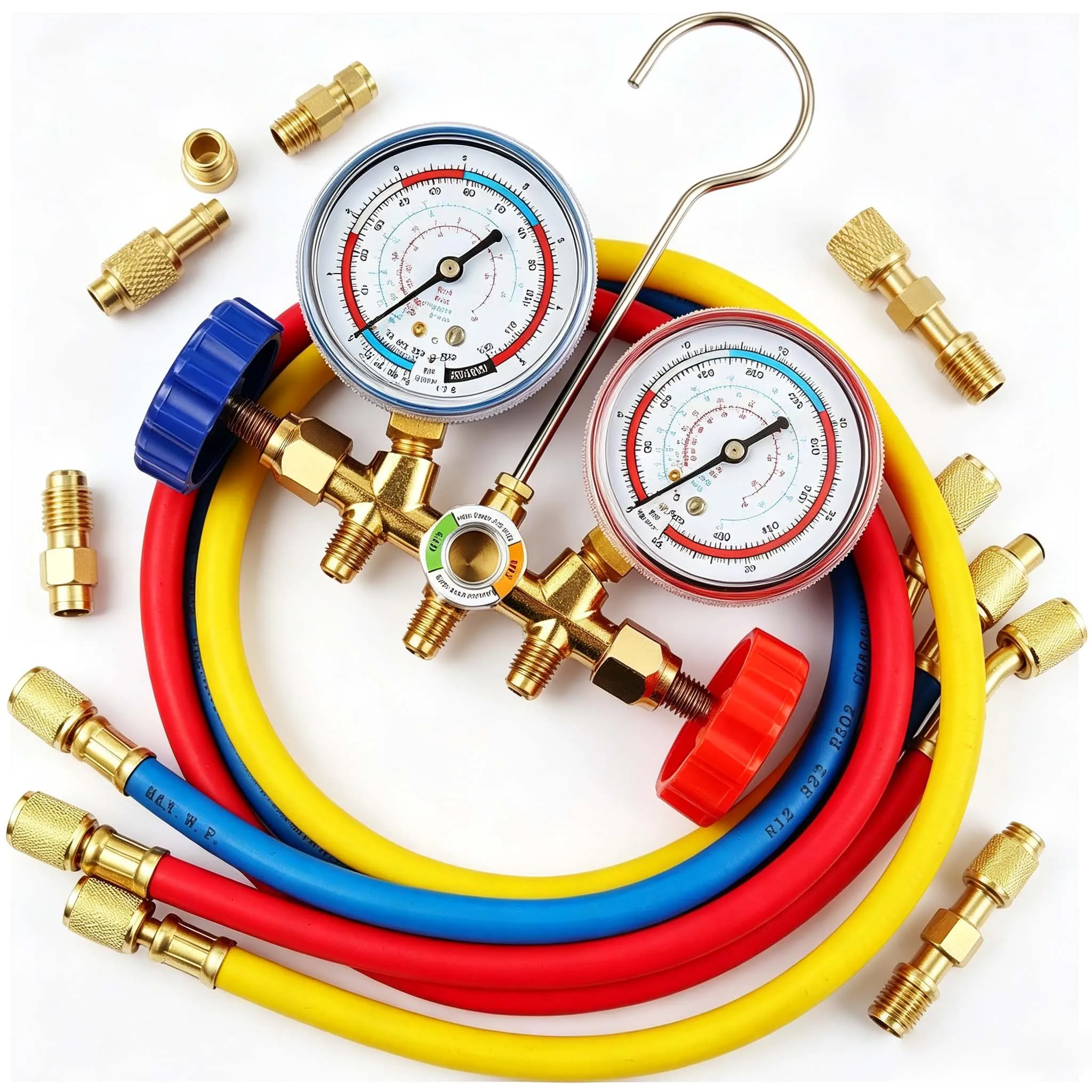 6pcs Dual Gauge AC Manifold Set With Hoses Adapters For R410A HVAC Car Home Air Conditioning Pressure Testing Tool