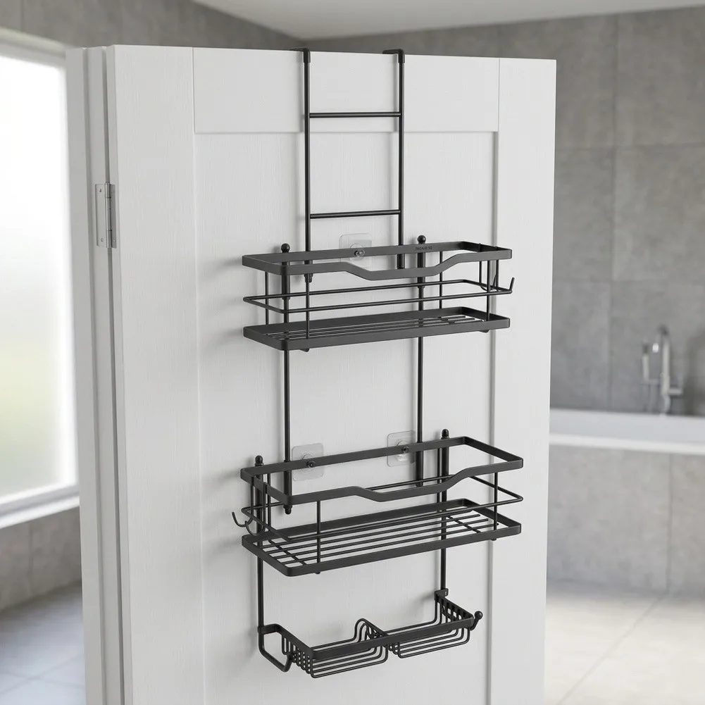 No Drill 3 Tier Over Door For Bathroom Shelf Iron Construction with Towel Bar Ventilated for Rapid Water Drainage