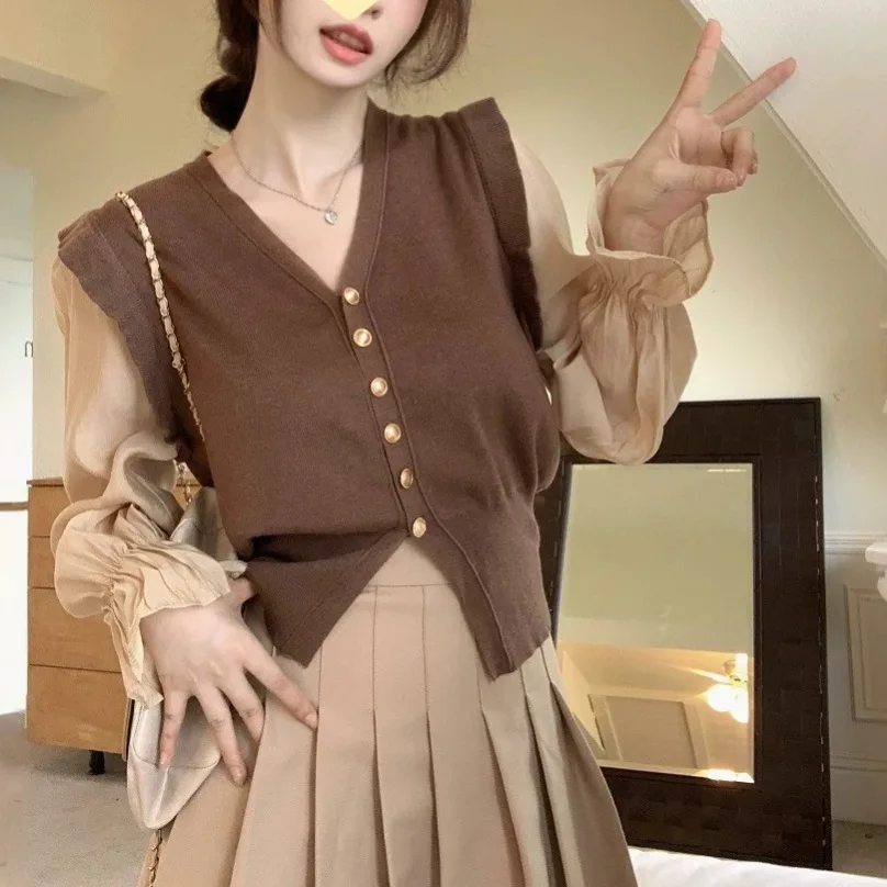 Elegant Color Block V-Neck Knitted Open Cardigan Women's Autumn Long Sleeve Shirt Classic Style Gathered Waist Polyester Fabric