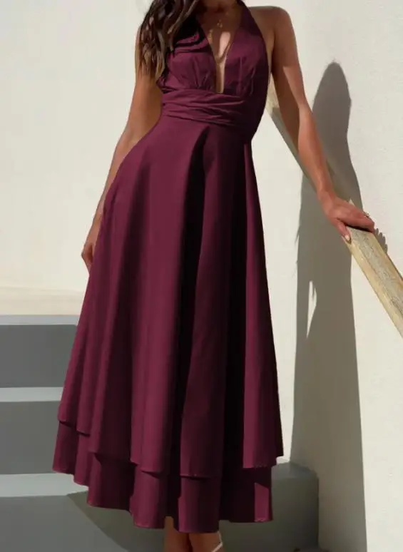 

2025 New Fashion Casual Autumn/winter Elegant Sexy Hanging Neck Waist Princess Dress Women's Wear