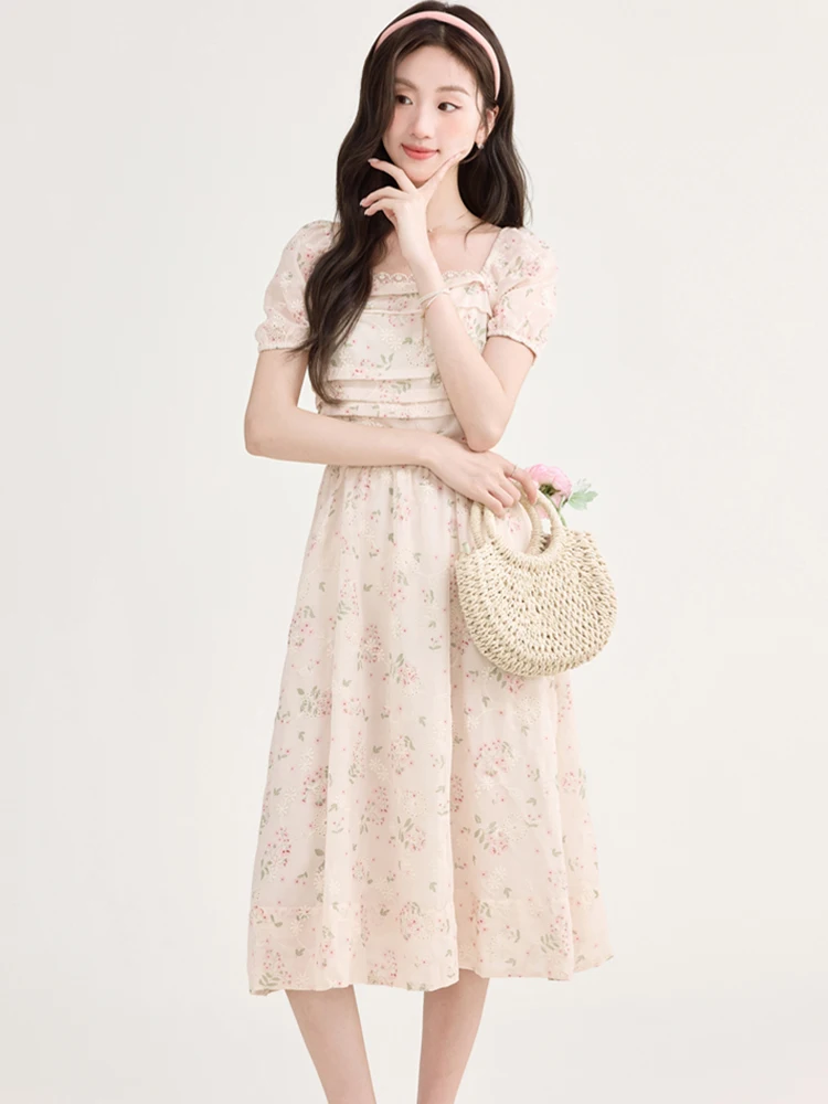 Women Pink Embroidery Floral Casual Long Dress 2025 New Short Sleeve Lace Square Collar Dress Summer Boho Elegant Holiday Dress