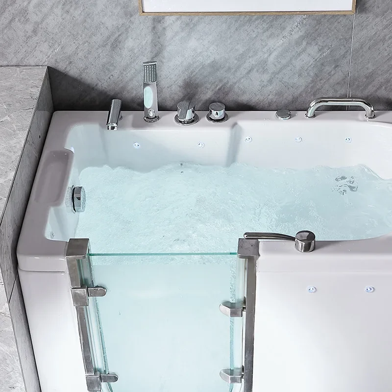 Elderly walk-in acrylic bathtub door opening cylinder square sitting bathtub side door bubble jacuzzi