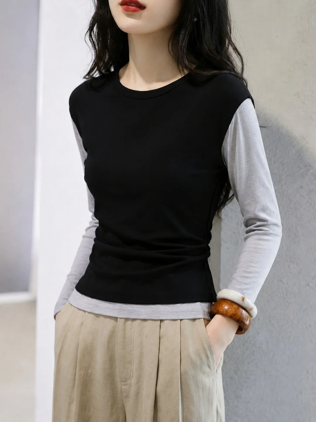 Fashionable Long Sleeve Slim Fit T-Shirt Color Block Design Trendy Ageless Style Commute Korean Version Poem Silk Women's Top
