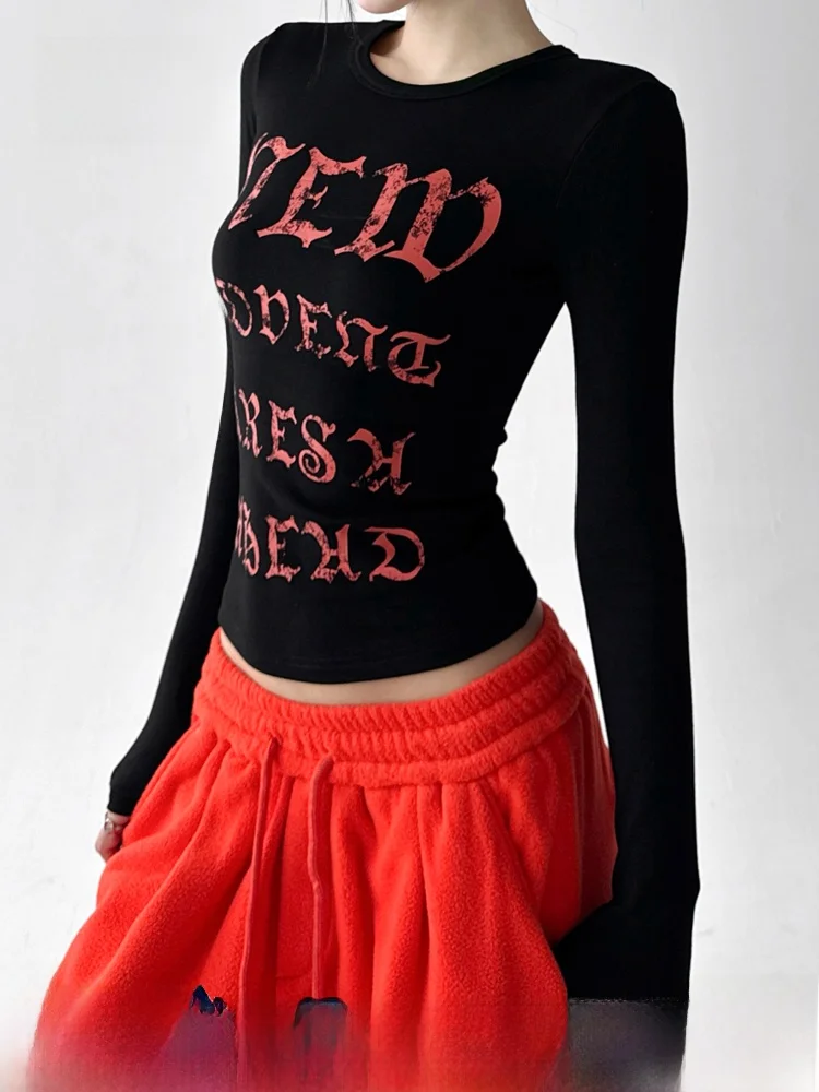 

NZNB Autumn Winter Bla Letter Print Long Sve Base irt Women's Faionable Knitted Top Sexy Girl Sle round Ne Tee