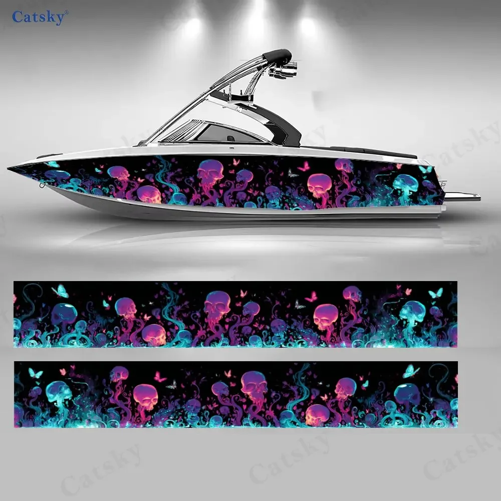 2Pcs Neon Skull Heart Fantasy Boat Stickers, PVC Waterproof Vinyl Wrap Decals for Fishing Boats, Durable and Stylish Design