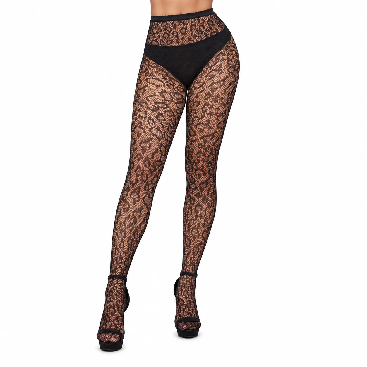 High Waist Leopard Print Fishnet Pantyhose Women Sexy Hollow Out Lace Mesh Tights Stretch See Through Cheetah Pattern Stockings
