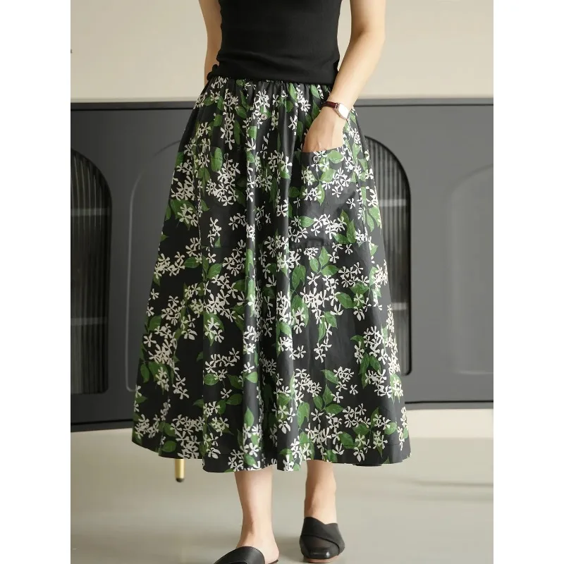 Women's Vintage Floral  Le Print High Waist A-Line Midi Skirt with Pockets Casual Loose Swing Skirt