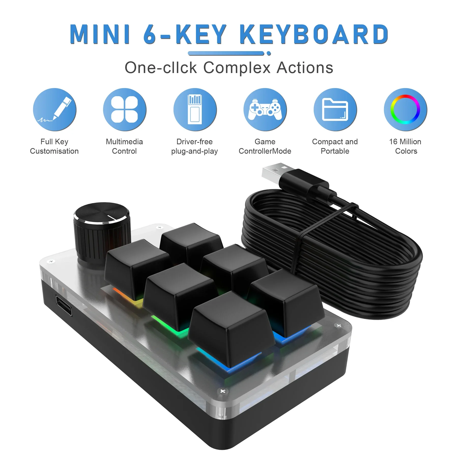 RGB 6 Key 1 Knob USB Custom Programming Macro Mini Portable Wired Mechanical Keyboard Photoshop Hot Swappable Gaming Keyboard