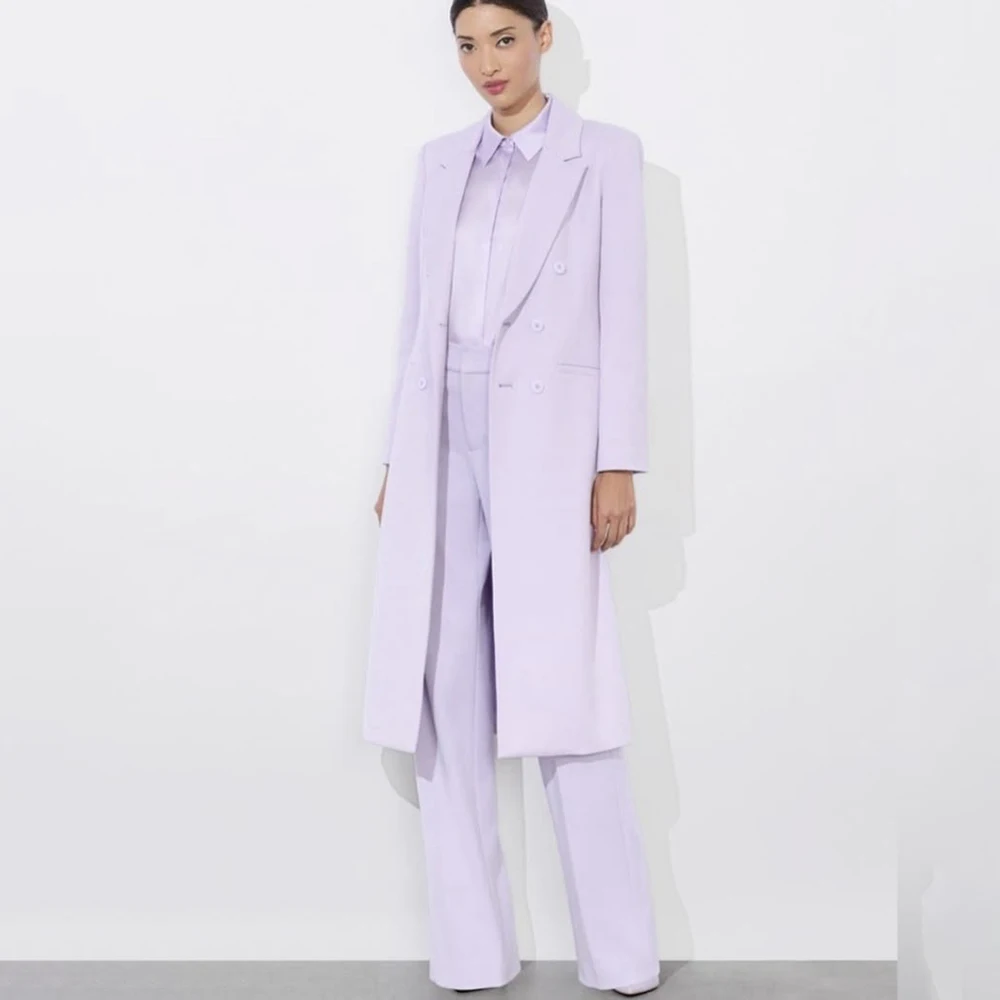 

Professional Women Light Lavender 2 Piece Suit Double Breasted Long Jacket Pants Set Classic Office Outfit Formal Evening Wear