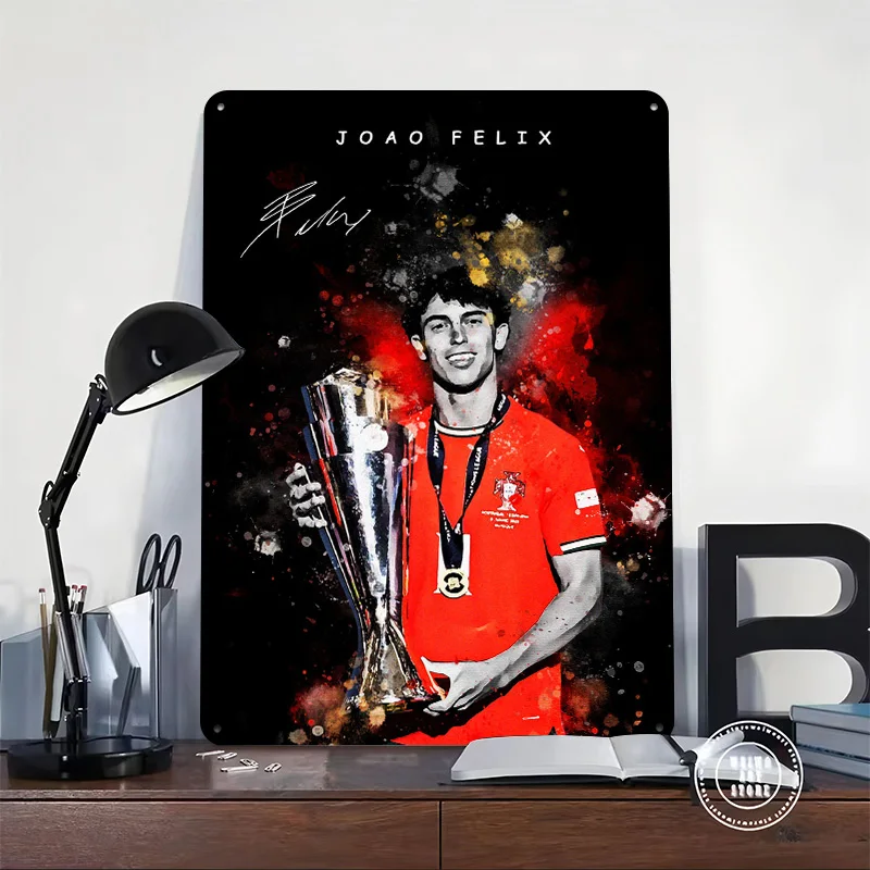 Joao Felix Portrait With Trophy Personalized 3D Textured Metal Poster Wall Art Tinplate Sign for Living Room Decorations House