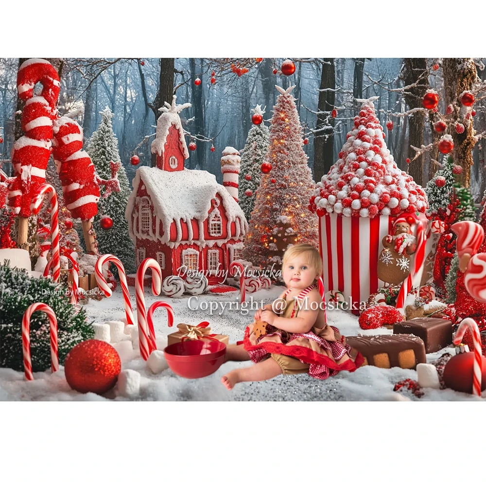 Mocsicka الأحمر عيد الميلاد قصب الحلوى خلفية التصوير الثلجي شجرة عيد الميلاد الغابات خلفية الشتاء الاطفال عيد ميلاد فوتوزون الاستوديو
