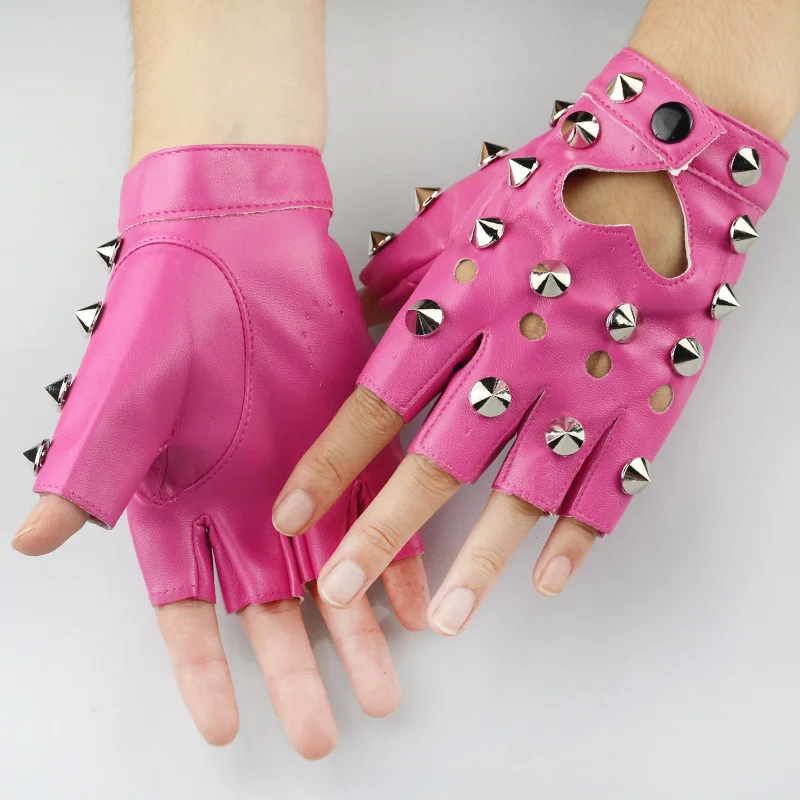 Punk DS Metal Leather Gloves Female Half Finger Spice Girls Function JK Baring Fingers Lo Personality Cool Tip Rivet PU