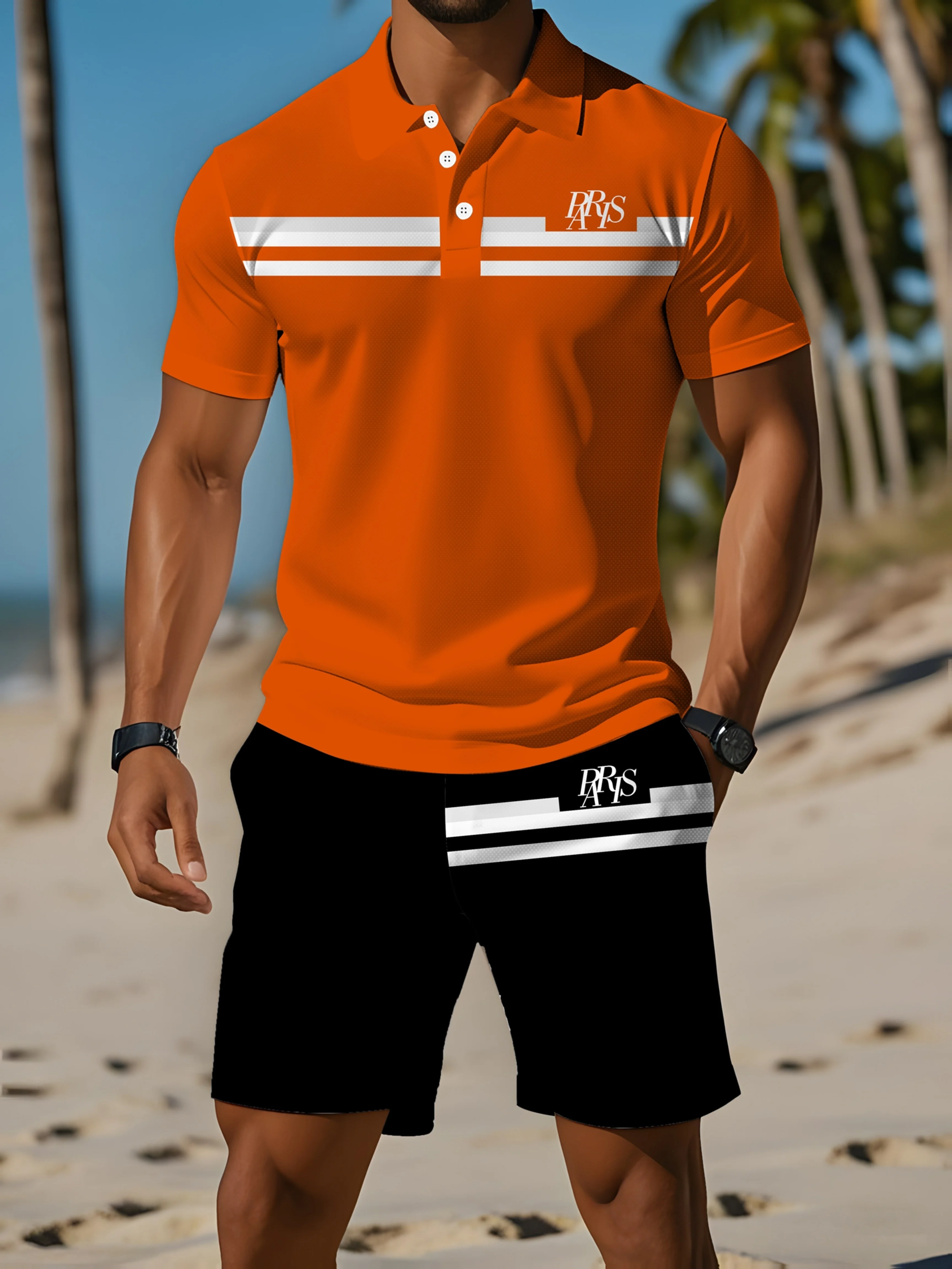 

2025 Mens Orange Black Striped Paris Logo Polo and Shorts 2Pcs Quick Dry Casual Sportswear Set