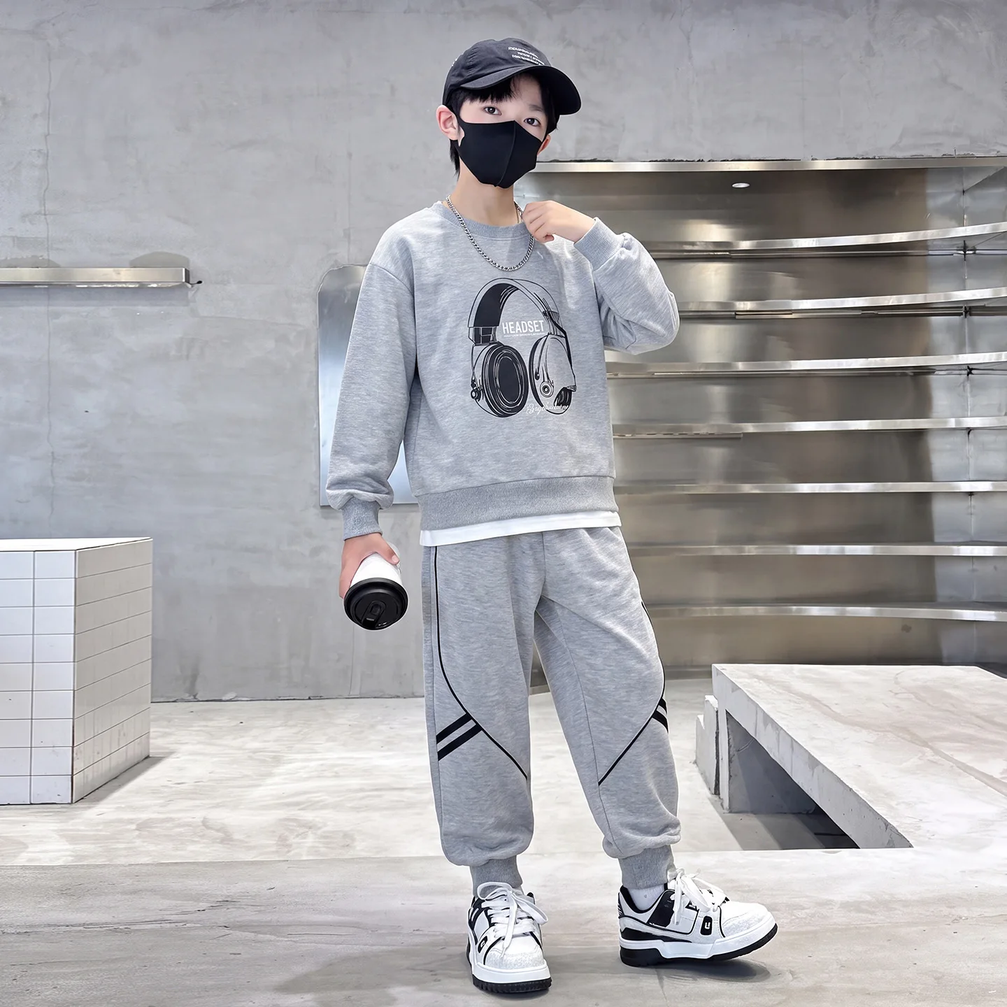 2026 Autumn Winter Boys Teenager Cloth Children Set Hooded Splicing Sweatshirt Print Top + Pant Tracksuit 4 To 10 12 14 Years