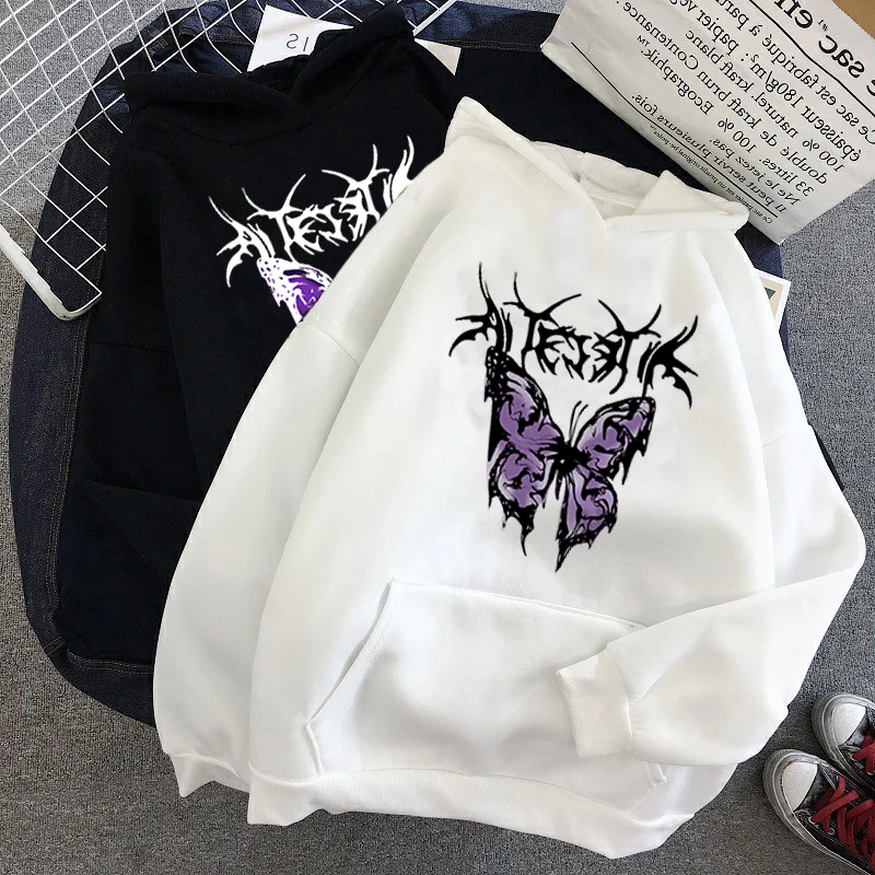 Женская одежда, осень 2022, с графическим принтом бабочки, модная Корейская толстовка оверсайз в стиле ольччан, Y2K, пальто в стиле готического ...