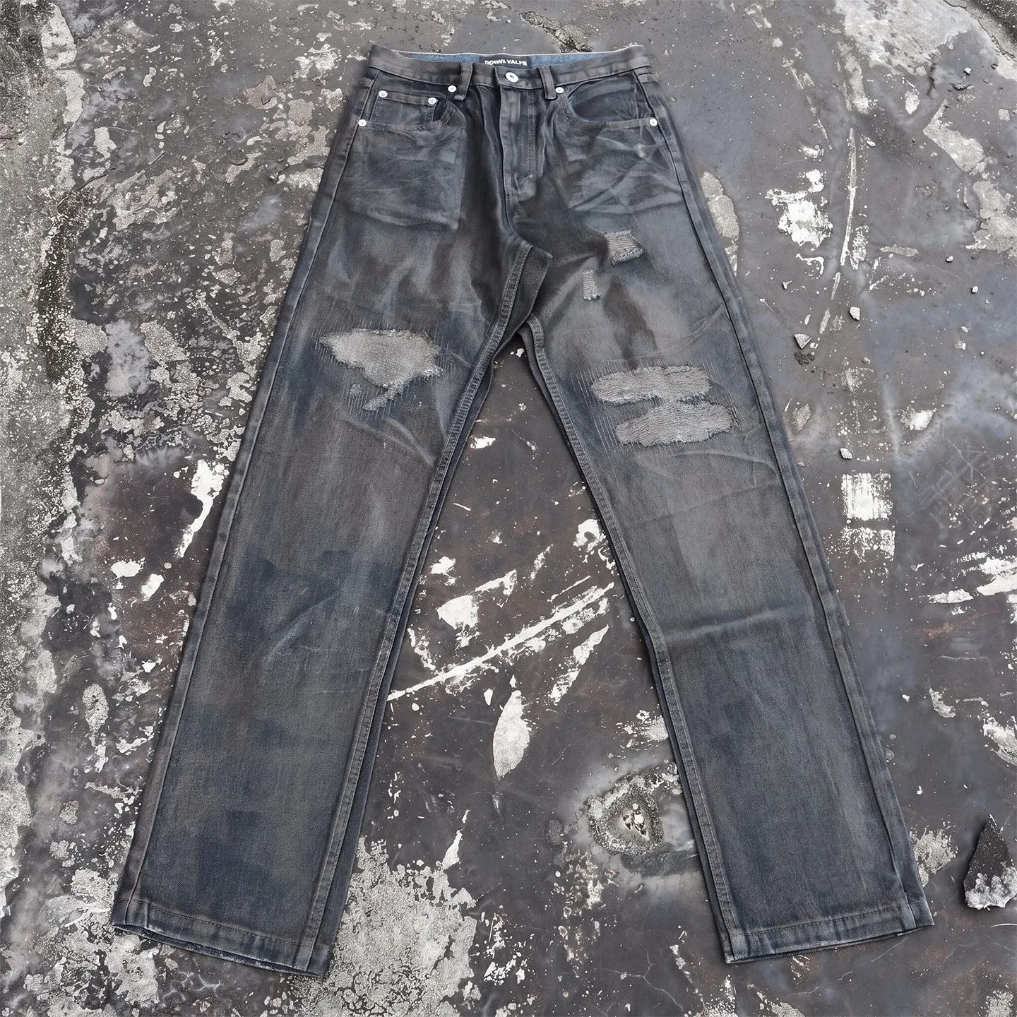 Mens Rust Leather Coated Jeans Waxed Finish Ripped Distressed Straight Leg Denim Pants for Vintage Streetwear Looks