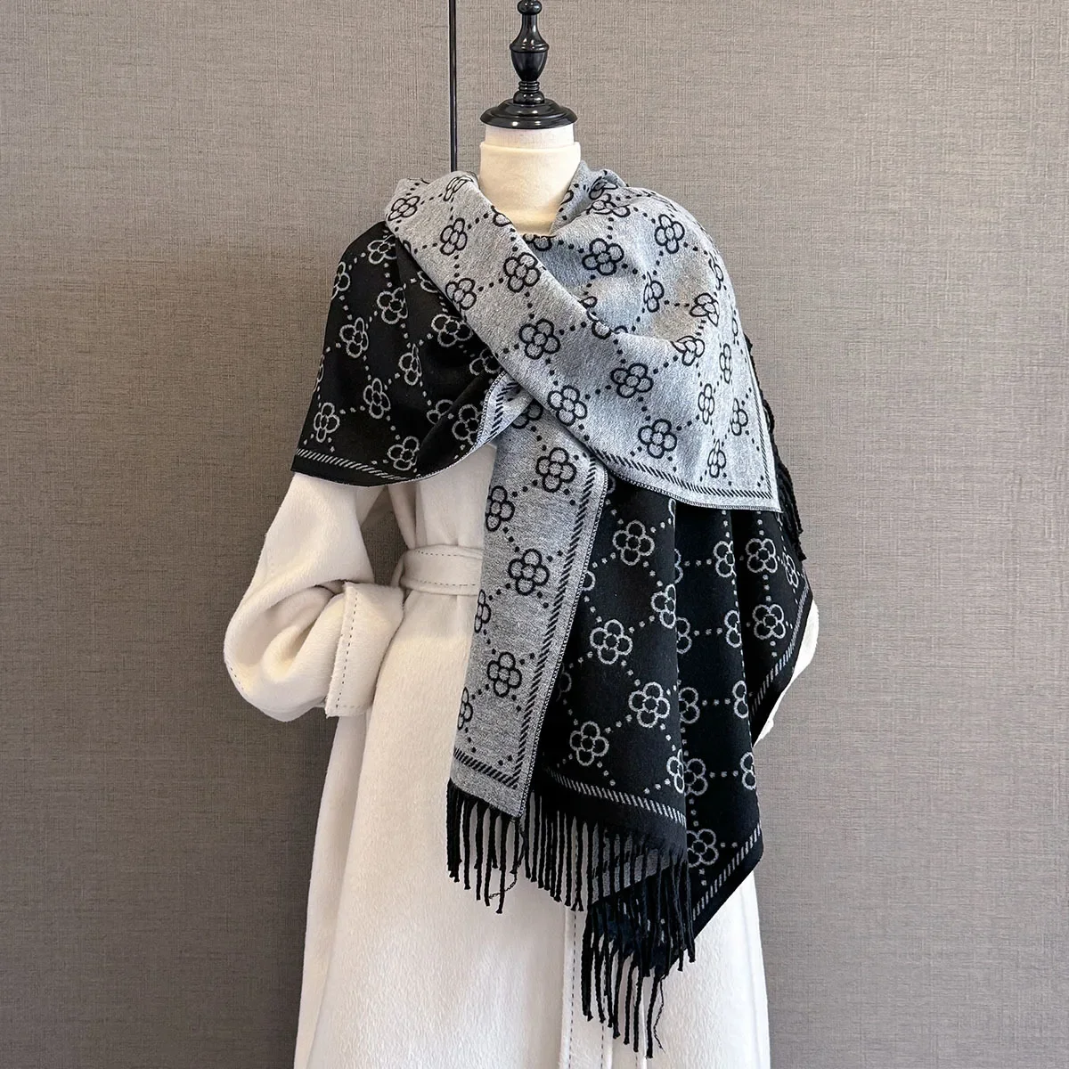 الفاخرة الدافئة الكشمير وشاح المرأة الشتاء يلتف شال الوجهين الأزهار طباعة الباشمينا Bufanda السفر المعطف الشالات Echarpe #3