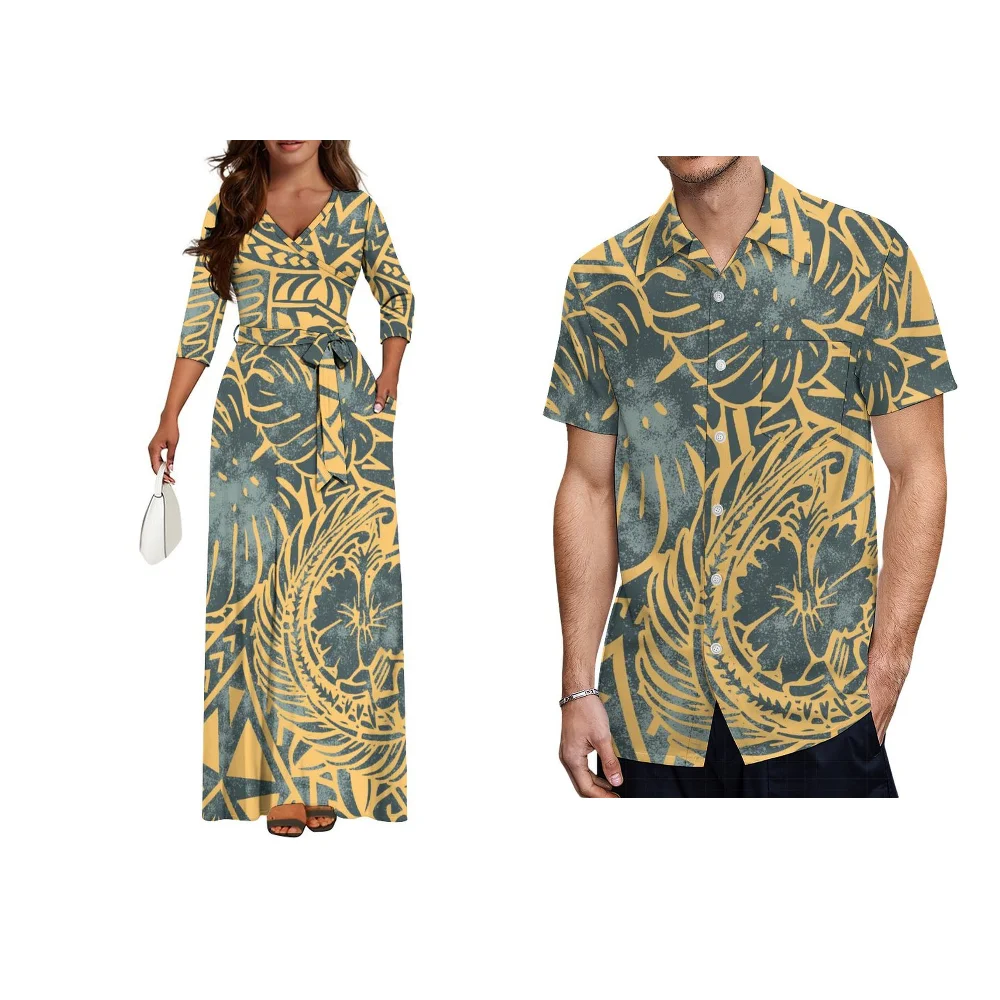 V-Neckline With Pocket Waistband Dress Elegant Maxi Samoan Couple Party Dress Custom Pocket Shirt Custom Polynesian Style