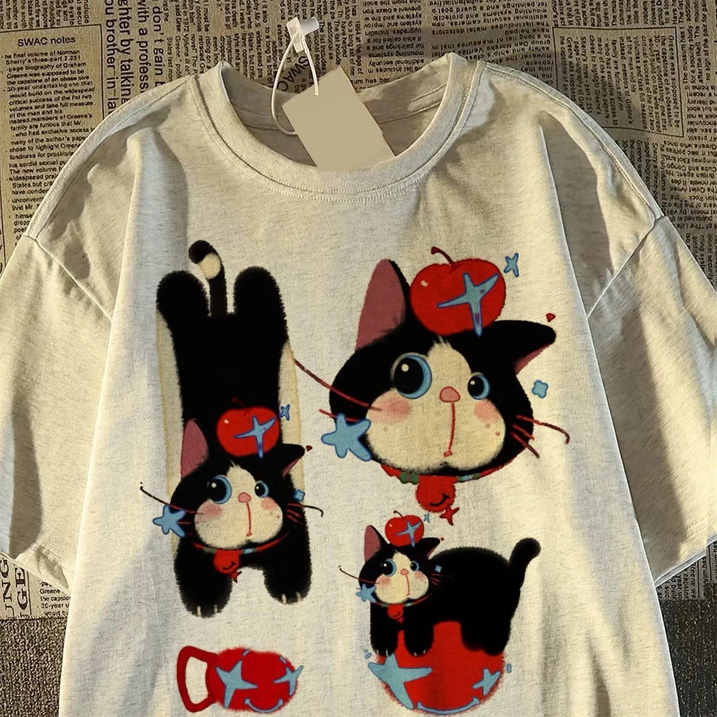 Camiseta con estampado de gato de manzana para mujer, camiseta 100% de algodón Kawaii Y2K de verano, Top coreano Kawaii de manga corta, camiseta de gran tamaño de talla grande