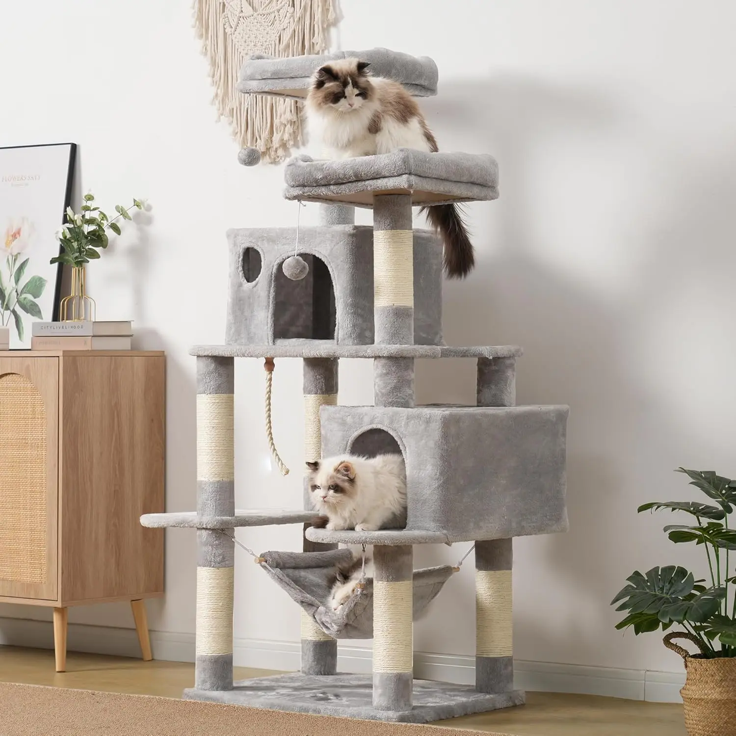 Large Multi-Level Cat Tree Condo Furniture with Sisal-Covered Scratching Posts, 2 Bigger Plush Condos, Perch Hammock