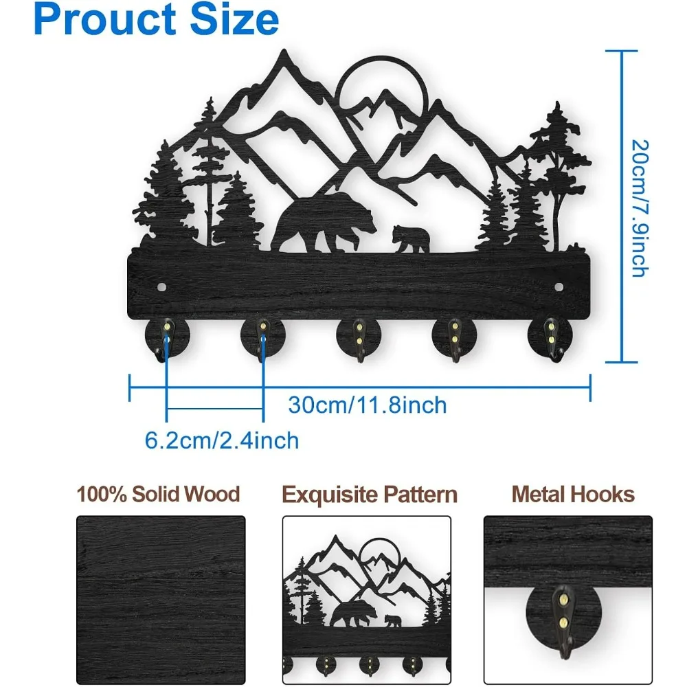 Mountain Forest Wall Mount Coat Rack 11.8×8inch Wood Mountain Bear Key Holder Wooden Wall Coat Hanger Hooks 5 Alloy Hooks