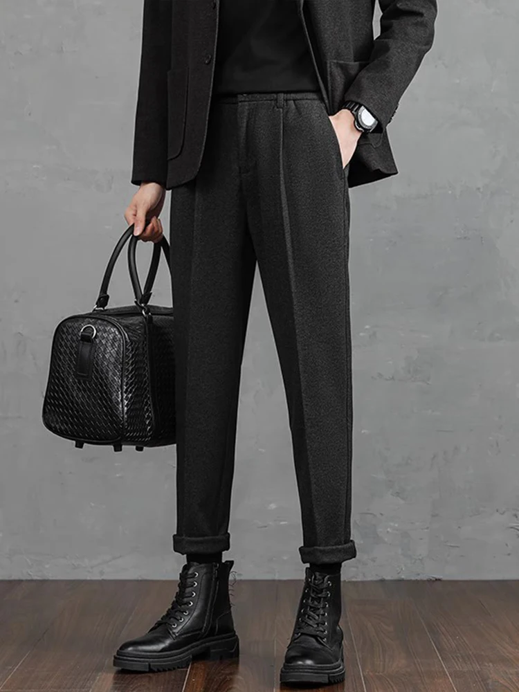 

Gray Nine-Tenths Men's Tweed Pants Spring Autumn Casual Business Slim Fit Korean Style Smoke Tube Pencil Pants