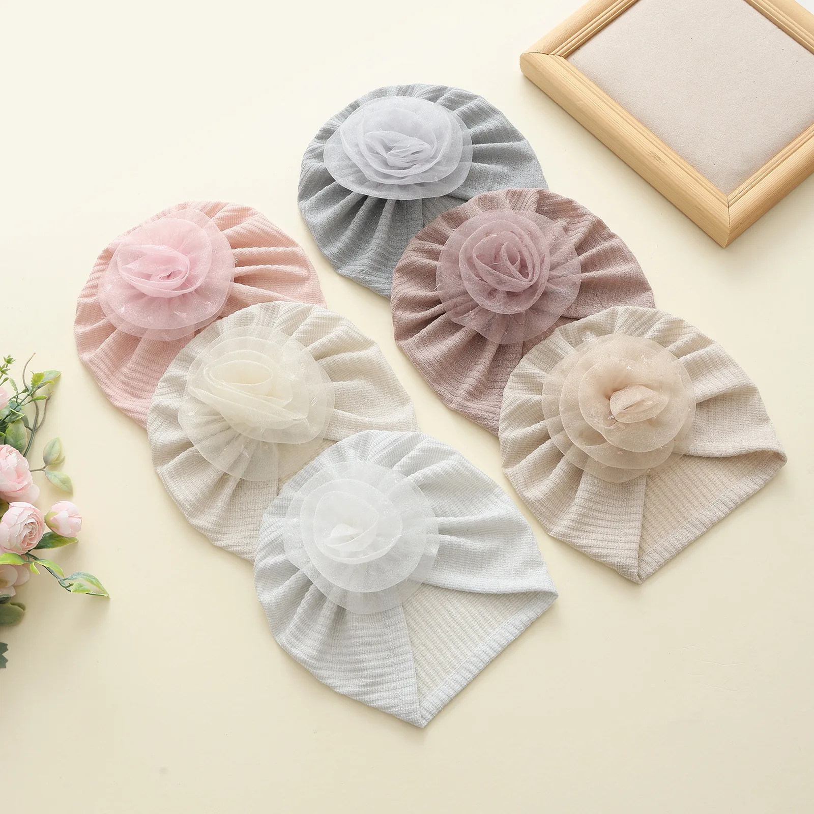 3 قطعة/الوحدة زهرة الطفل قبعة طفل الفتيات لطيف لينة قبعات صغيرة الوليد Photoprops أغطية الرأس قبعة هندية الأزهار عمامة قبعة الاطفال Gorros #2