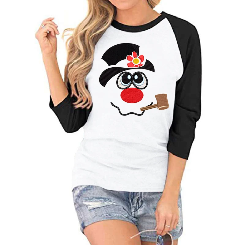 Christmas Snowman Flower Print Seven Sleeve T-shirt Women Funny Christmas Snowman Design T Shirt Cartoon Casual Girls T-shirts