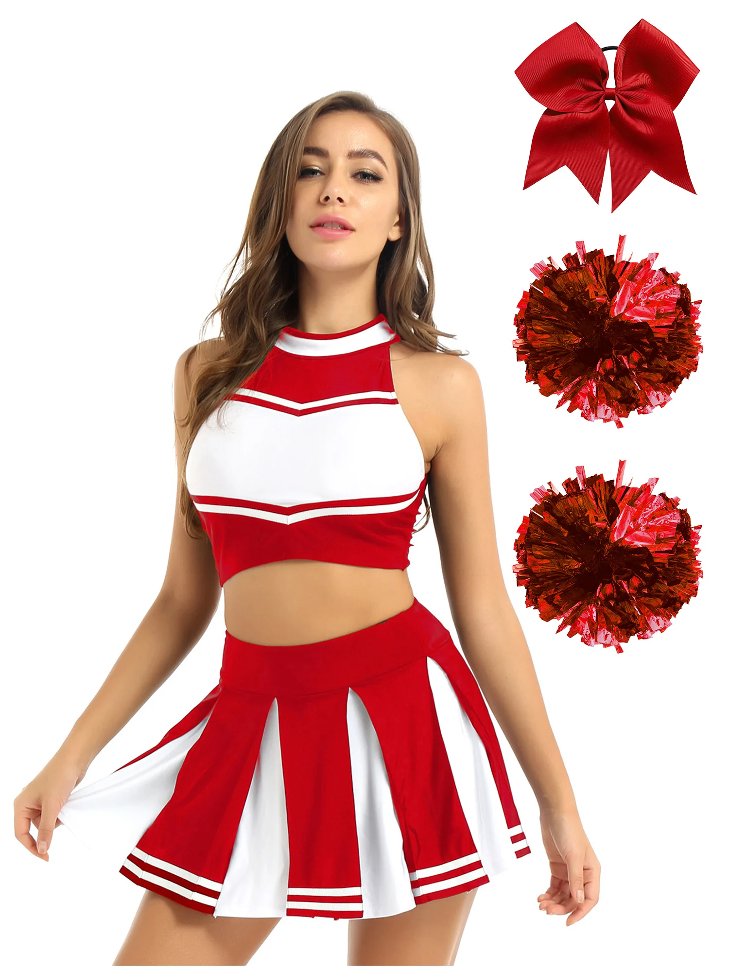 Costume de pom-pom girl pour femme, uniforme, tenue de danse, haut court avec mini jupe plissée, boule de fleurs, nœud papillon, bande de sauna